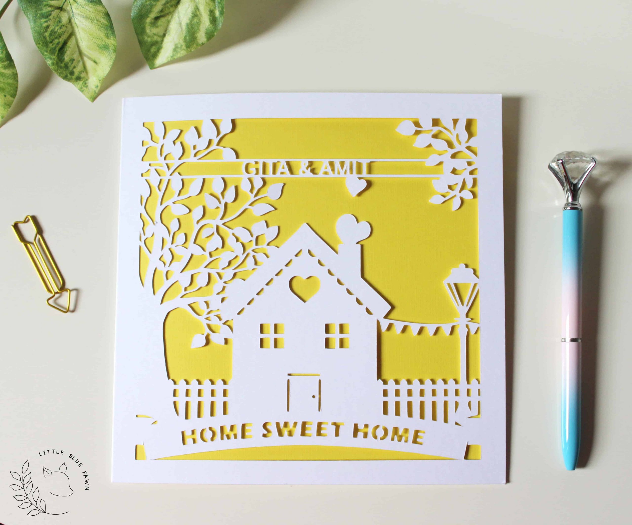 Personalised papercut New Home card with cute house