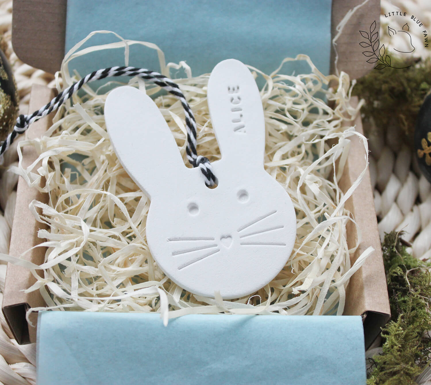 Personalised Easter bunny ornament with black and white string for hanging