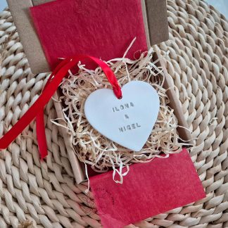 Handmade hanging heart ornament keepsake, romantic gift for Valentine's Day, anniversary, wedding, personalised with couple's names